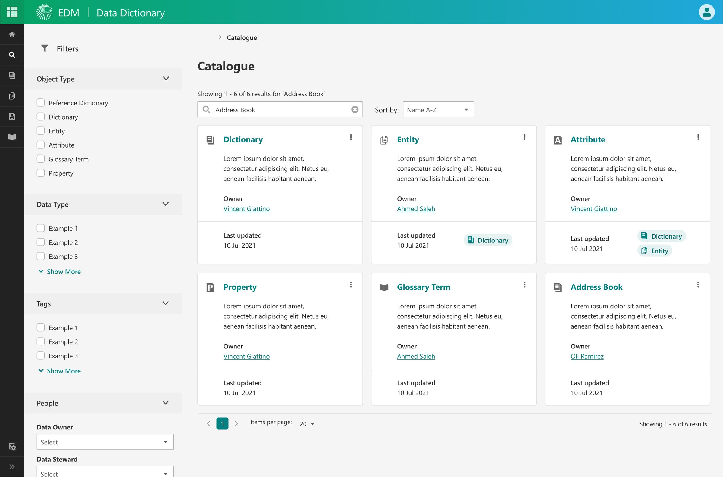 EDM UI catalogue page showing filterable search results as a grid of cards for object types like Dictionary, Entity, Attribute, and Glossary Term, each with an owner and last-updated date.