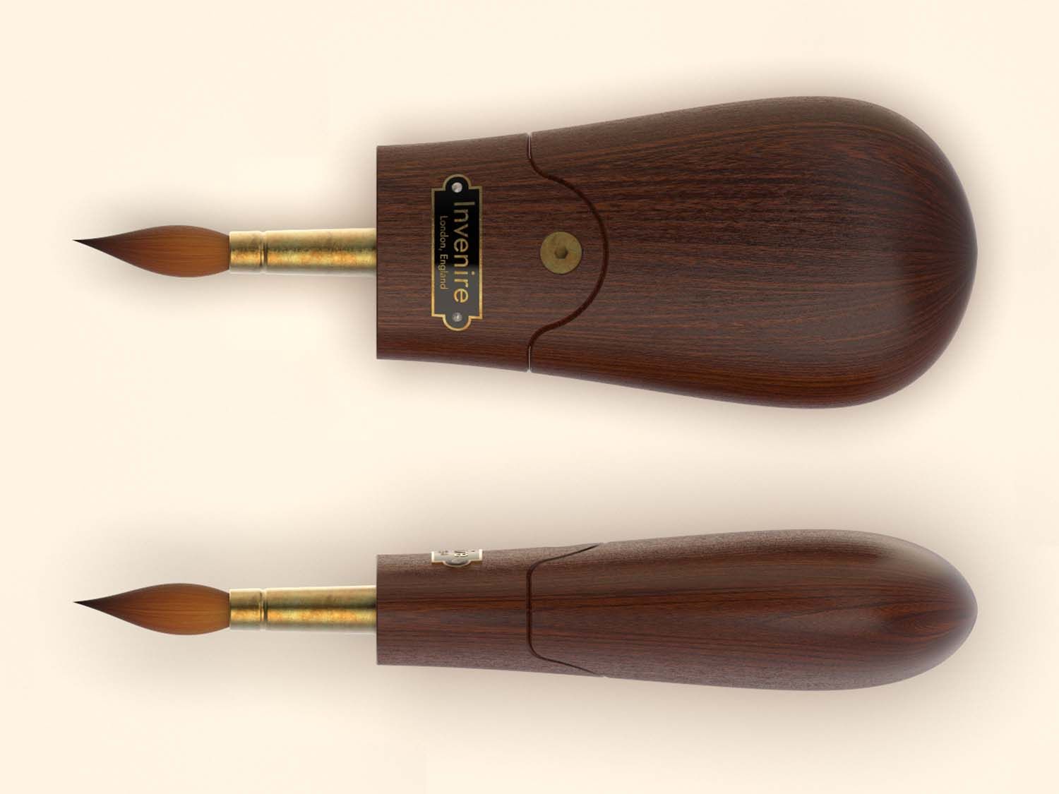 Two finished dark wood-effect brush handles with paintbrush tips, showing a sliding stabiliser mechanism on the barrel.
